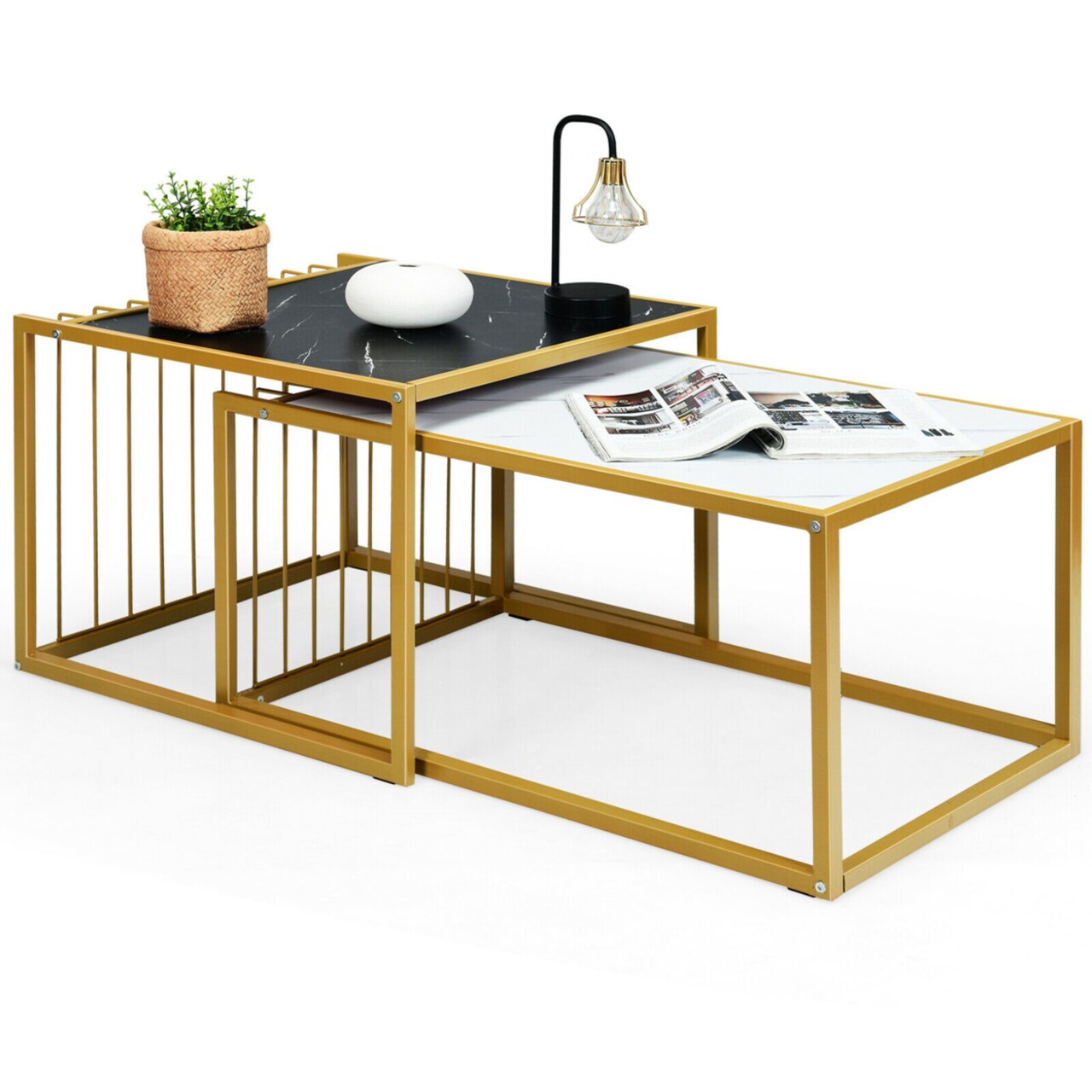 Gymax Modern Nesting Coffee Table Marble-Top Side Snack Table Set w/ Gold Metal Frame